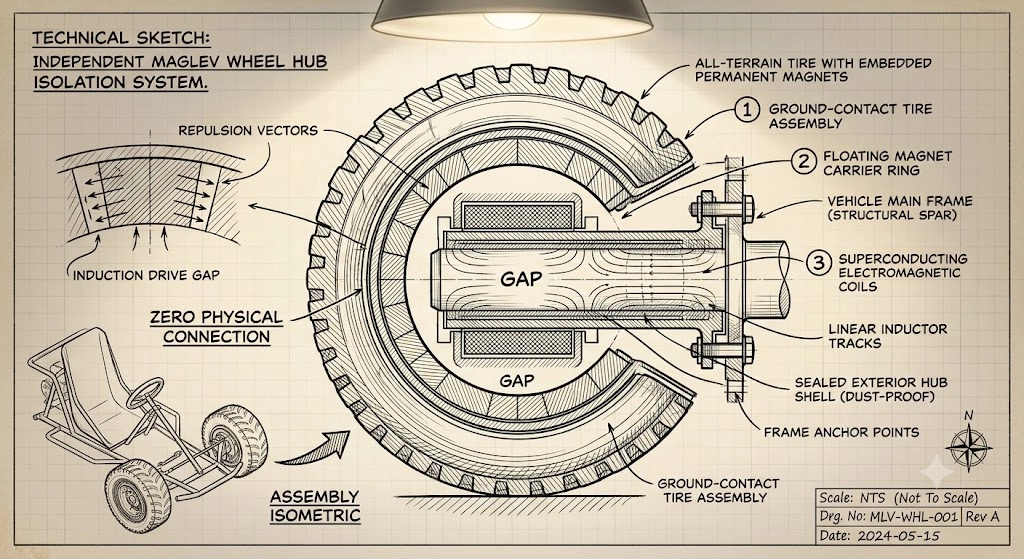 Technical Sketch: Independent Maglev Wheel Hub Isolation System