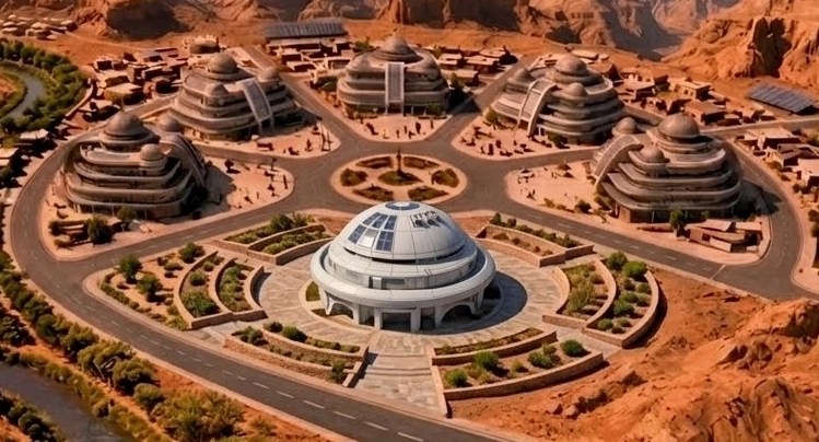 Aerial view of New Eden's central roundabout